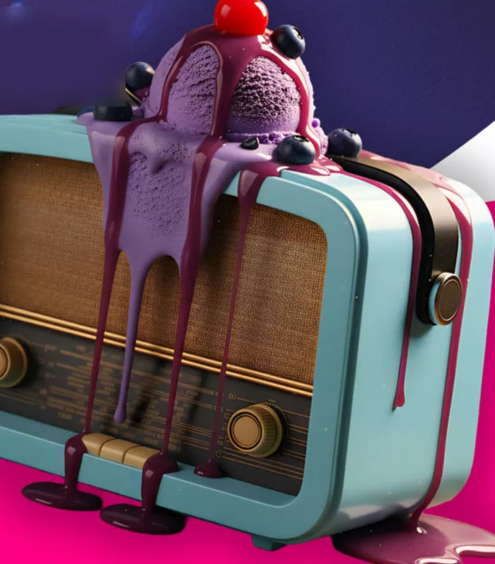 A vintage radio dripping with purple ice cream, from the Juice Radio media pack